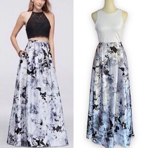BLONDIE Nites Gray and Black Floral Satin Maxi Ball Skirt